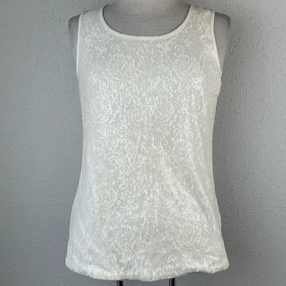 EUC Studio Y Women’s White Sequins Blouse Tank Top w/Upper Open Tie Back Size S